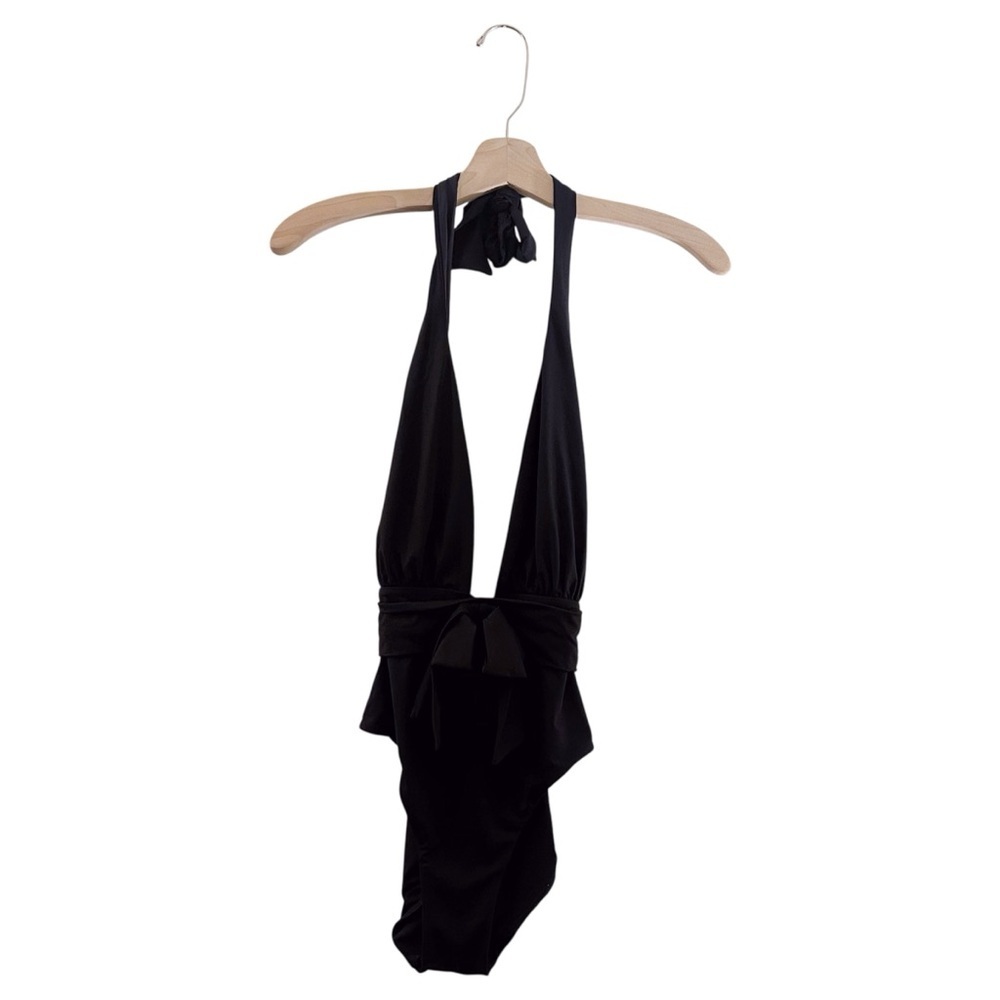 WeWoreWhat One Piece Swimsuit Bikini Halter Plunging Neckline Black